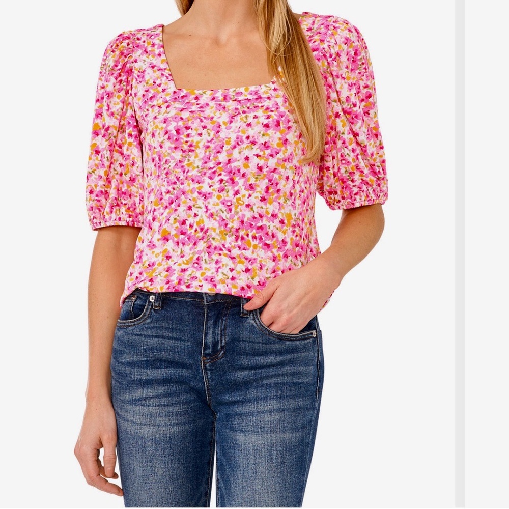 CECE Blouse Puff sleeves Pull over Square neck Floral Medium Like new